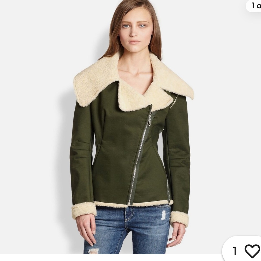 REBECCA MINKOFF Quinn Green Faux Shearling Moto Bomber Jacket NWOT - Picture 2 of 10